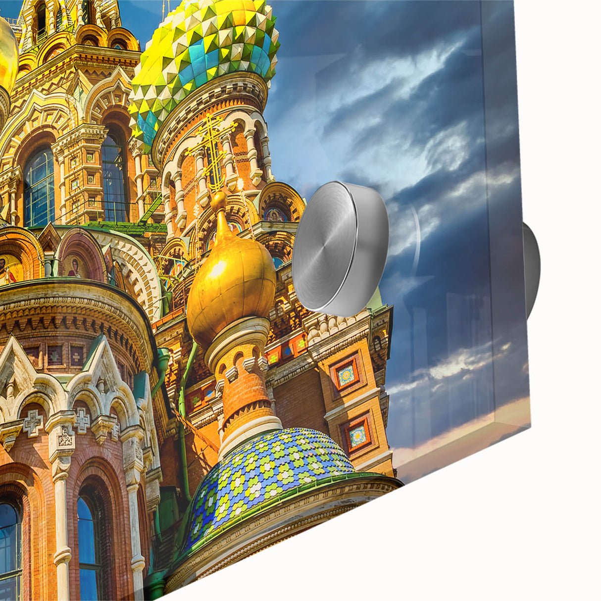 Large abstract wall art of St. Petersburg in muted gray and blue tones on acrylic glass, ideal for dining room ambiance.