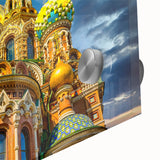 Large abstract wall art of St. Petersburg in muted gray and blue tones on acrylic glass, ideal for dining room ambiance.