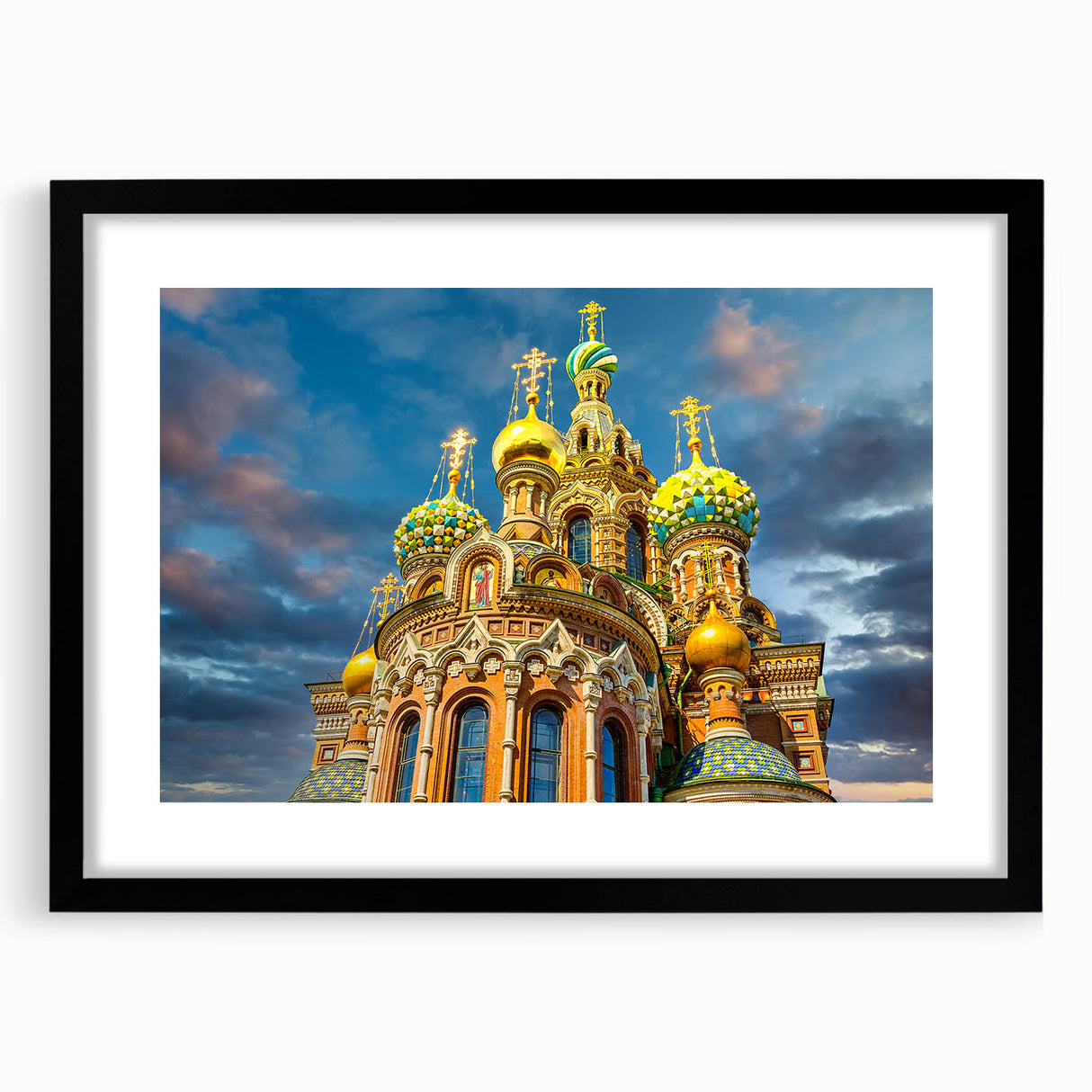 Abstract art print of a colorful European cityscape with textured details on a large framed canvas.