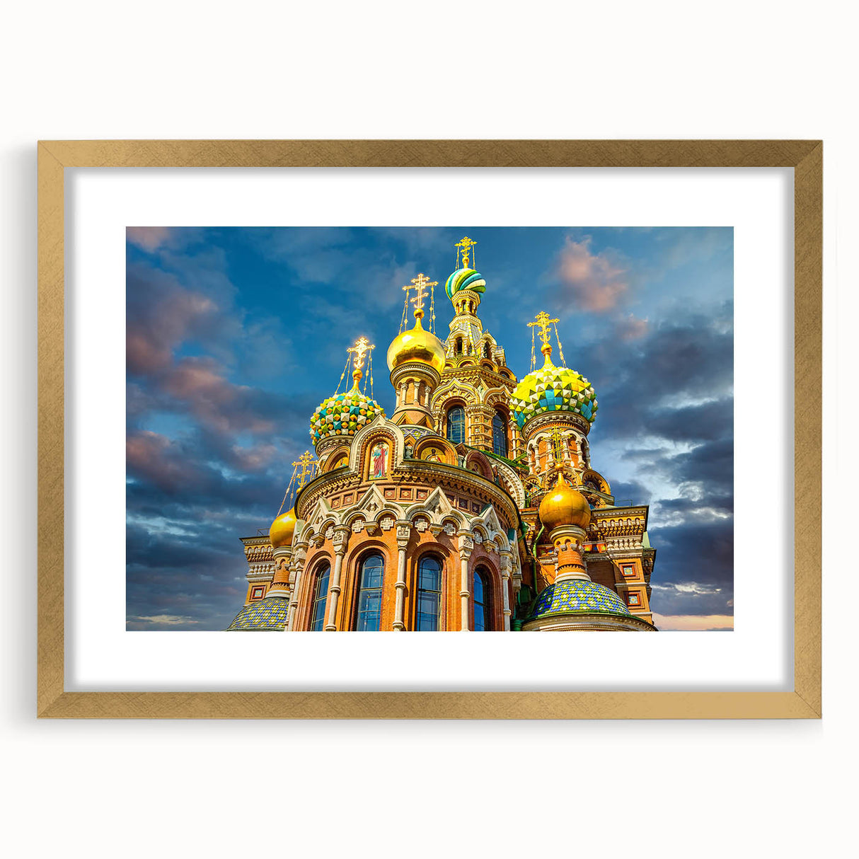 Abstract art print of St. Petersburg scenery in muted gold and blue tones on a framed canvas, suitable for dining room decor.