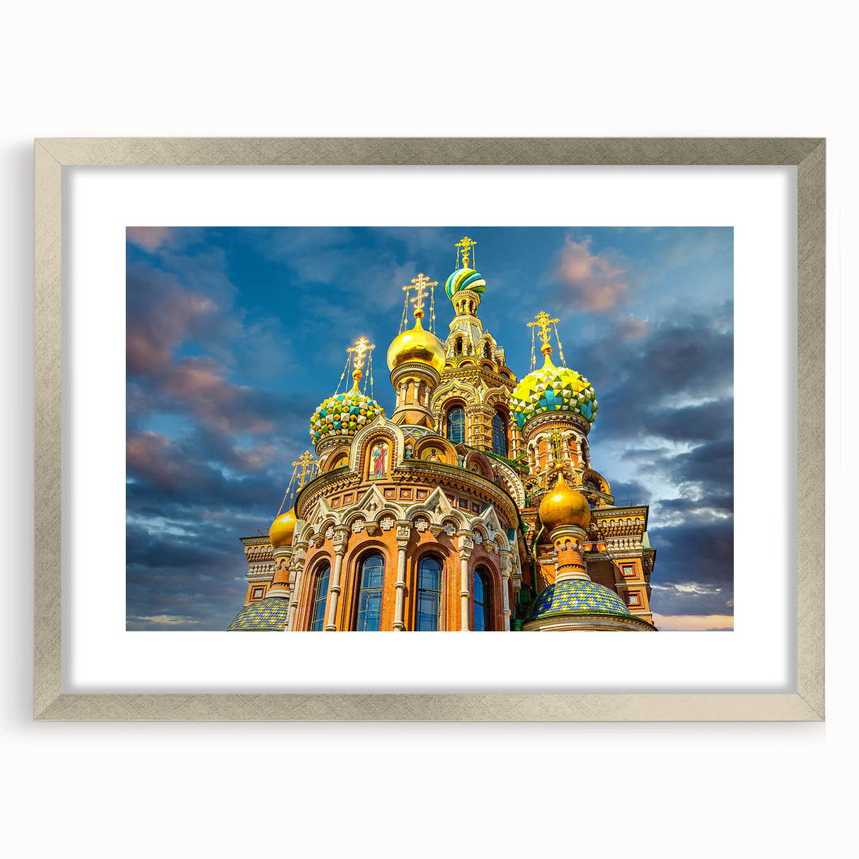 Extra large abstract art print of St. Petersburg scenery in textured silver frame, ideal for living room decor.