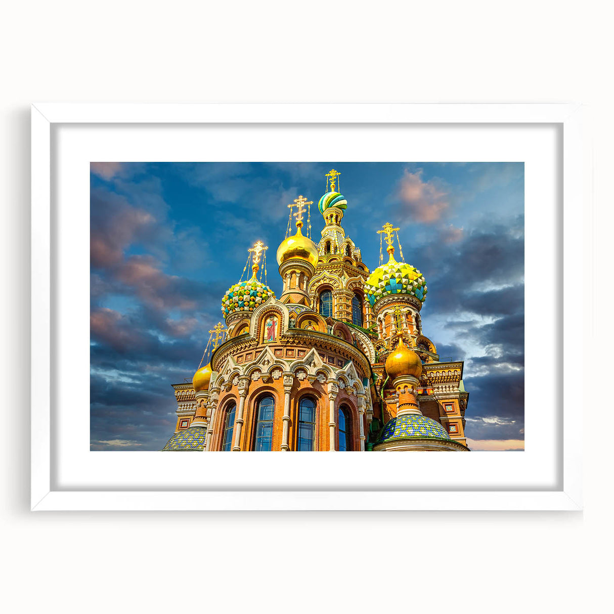 Textured abstract art print of a European cityscape in muted gray and blue tones, framed with a white mat.