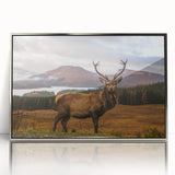 Large art print of a Scottish landscape, muted greens and blues, in a silver frame, acrylic, ideal for modern art wall decor.