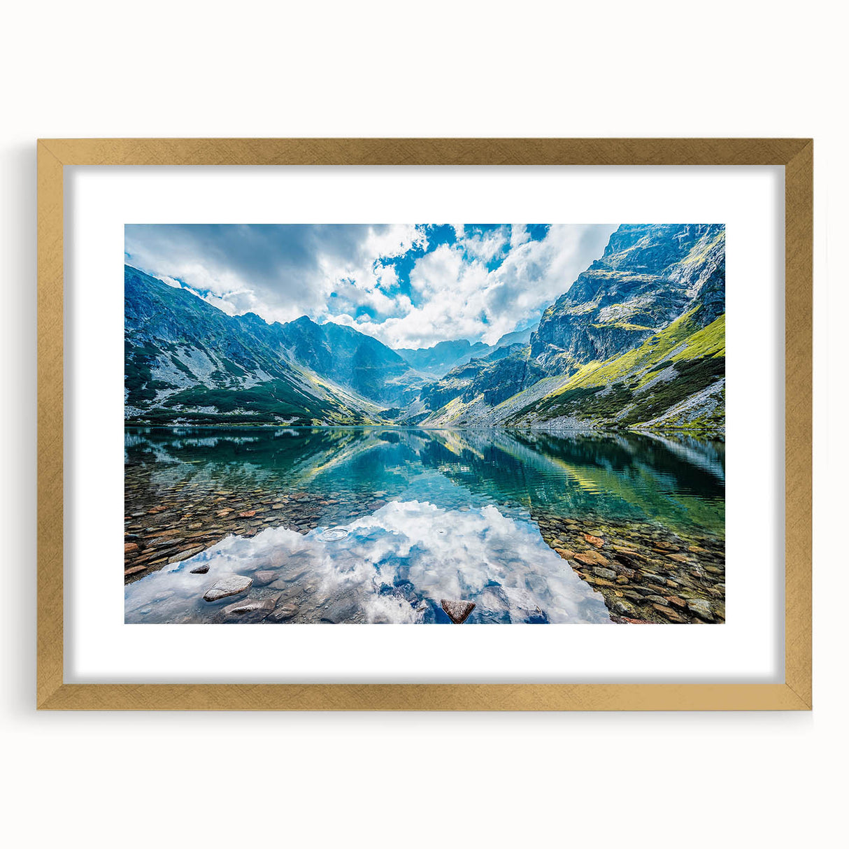 Abstract art print of Slovakian landscape in muted earth tones on a gold-framed canvas, suitable for dining room decor.