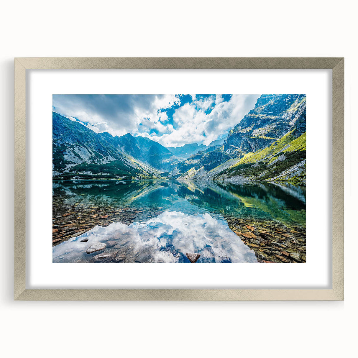 Extra large abstract art print featuring textured scenery of Slovakia in muted earth tones, framed in silver.