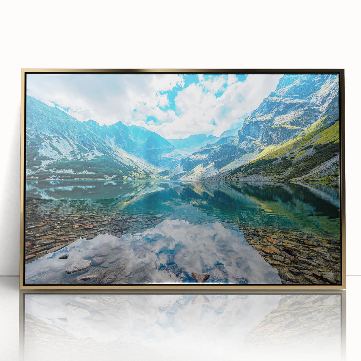 Art deco poster of a Slovakian landscape in gold acrylic frame, ideal for nursery wall art.