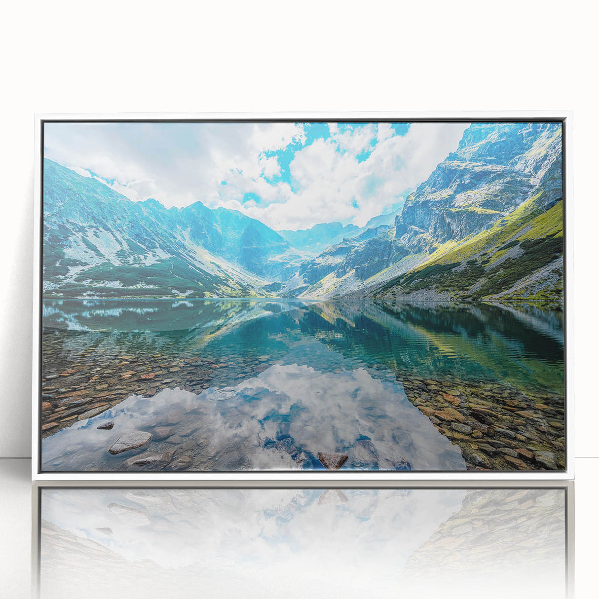 Mid-century modernist art depicting a European scenery in Slovakia on a white framed acrylic, ideal for nursery wall art.