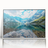 Mid-century modernist art depicting a European scenery in Slovakia on a white framed acrylic, ideal for nursery wall art.