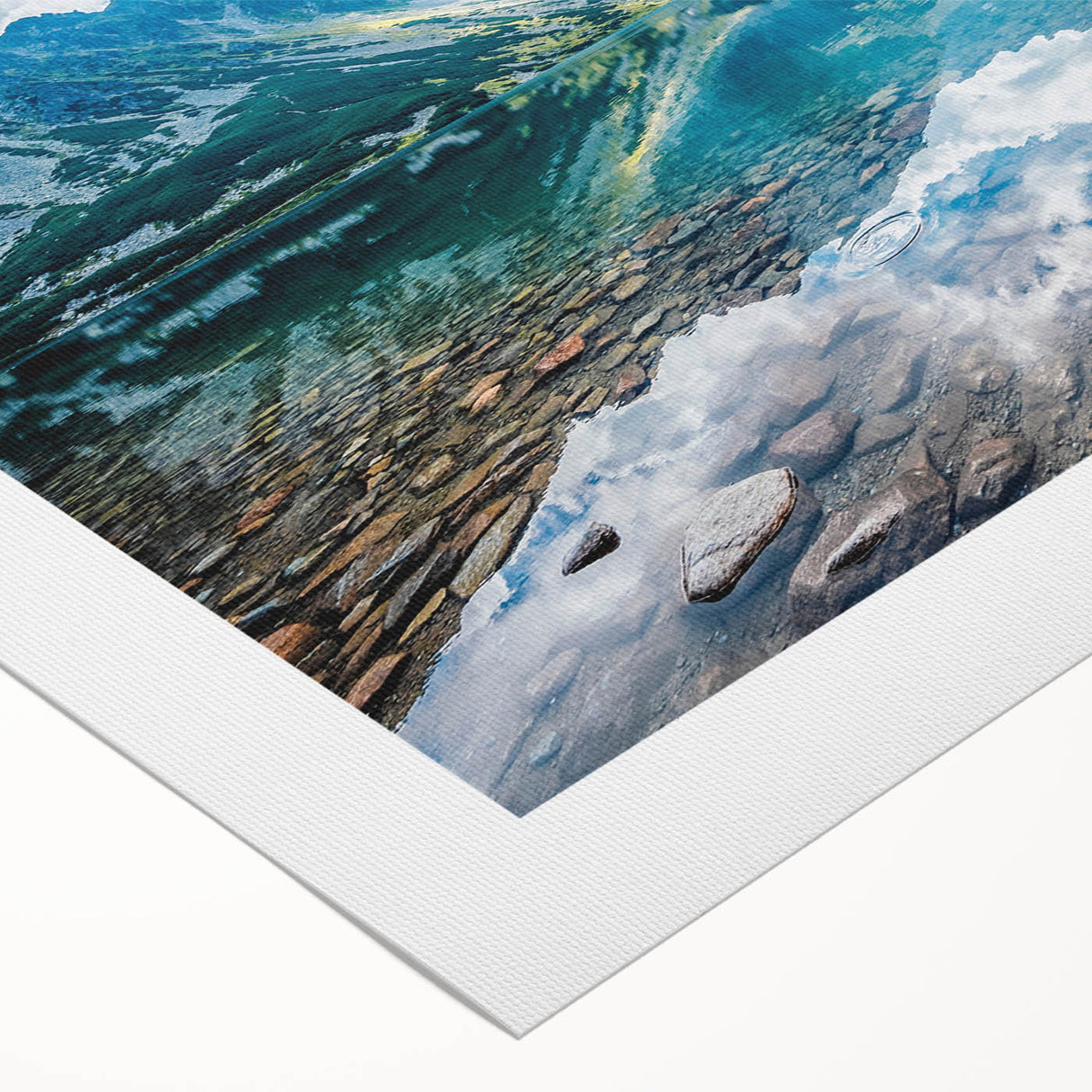 Art deco poster featuring a serene European landscape in muted greens and blues on rolled canvas.