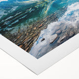 Art deco poster featuring a serene European landscape in muted greens and blues on rolled canvas.