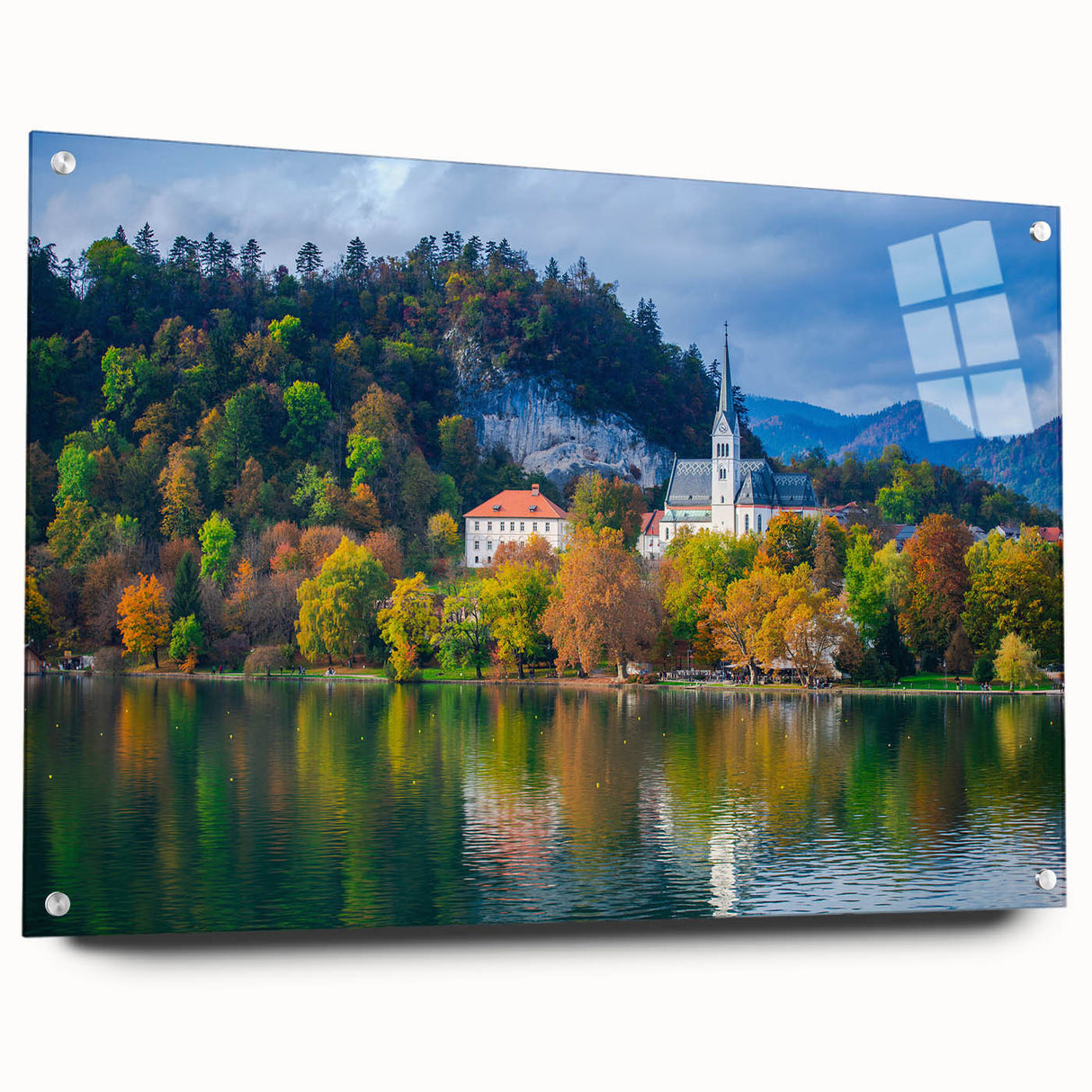 Acrylic print of a Slovenian landscape featuring soft blue and green tones, ideal for dining room decor.