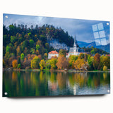 Acrylic print of a Slovenian landscape featuring soft blue and green tones, ideal for dining room decor.