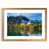 Textured abstract art print of a Slovenia landscape in muted earth tones, framed in gold, ideal for bedroom art.