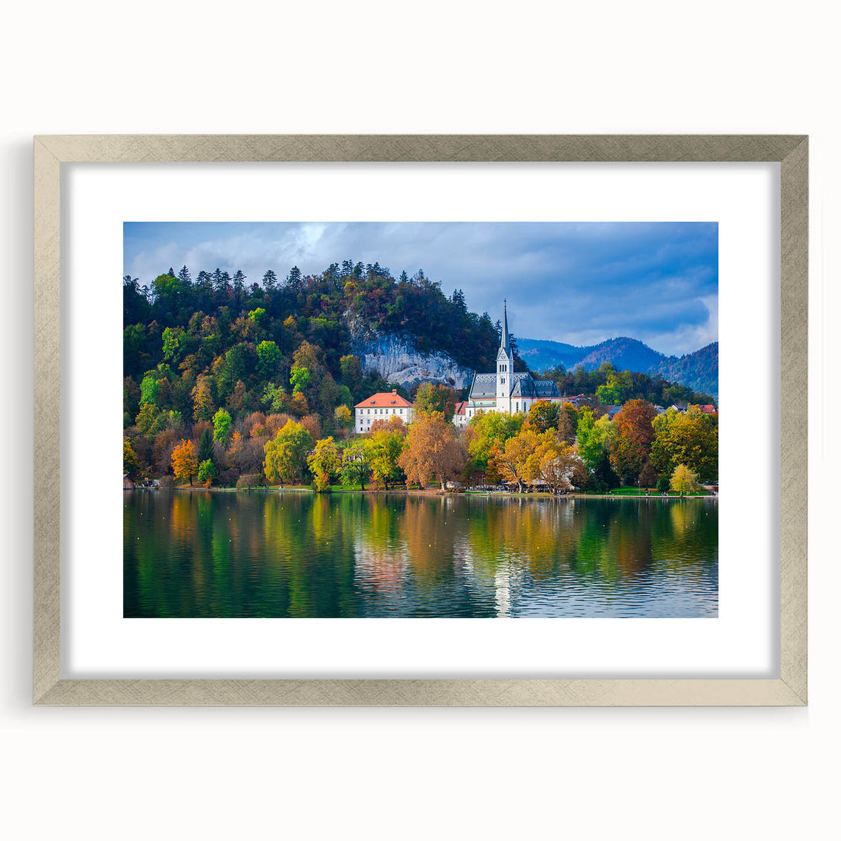 Abstract art print of a European scenery in Slovenia, featuring muted earth tones on a framed silver mat.