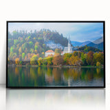 Large abstract wall art depicting a European scenery in Slovenia, presented in a black framed acrylic.