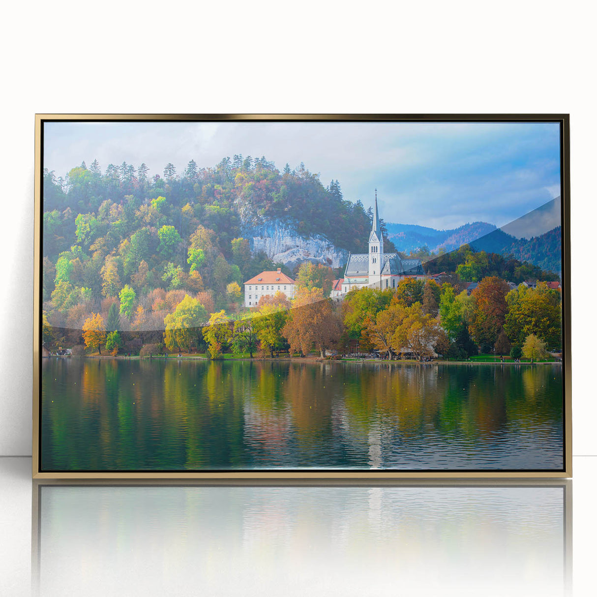 Mid-century modernist art depicting a Slovenian landscape in acrylic, framed in gold, suitable for nursery wall art.