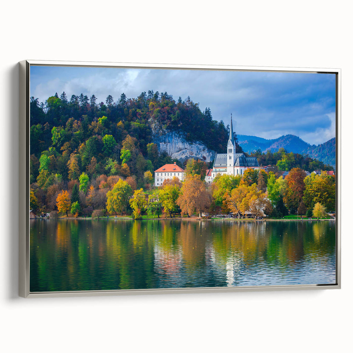 Vintage poster art of a Slovenian landscape on a framed canvas, featuring colorful art in extra large size.