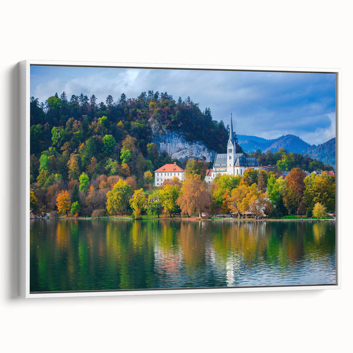 Landscape art painting of a Slovenian scenery on framed canvas, featuring vibrant green and blue tones.