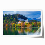 Extra large rolled canvas print of a Slovenian landscape with vibrant green fields and a distant mountain range.