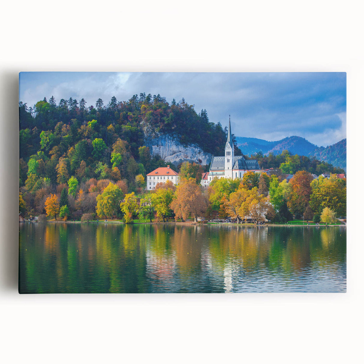 Black and white photograph of a European landscape on stretched canvas, ideal for kitchen wall art.