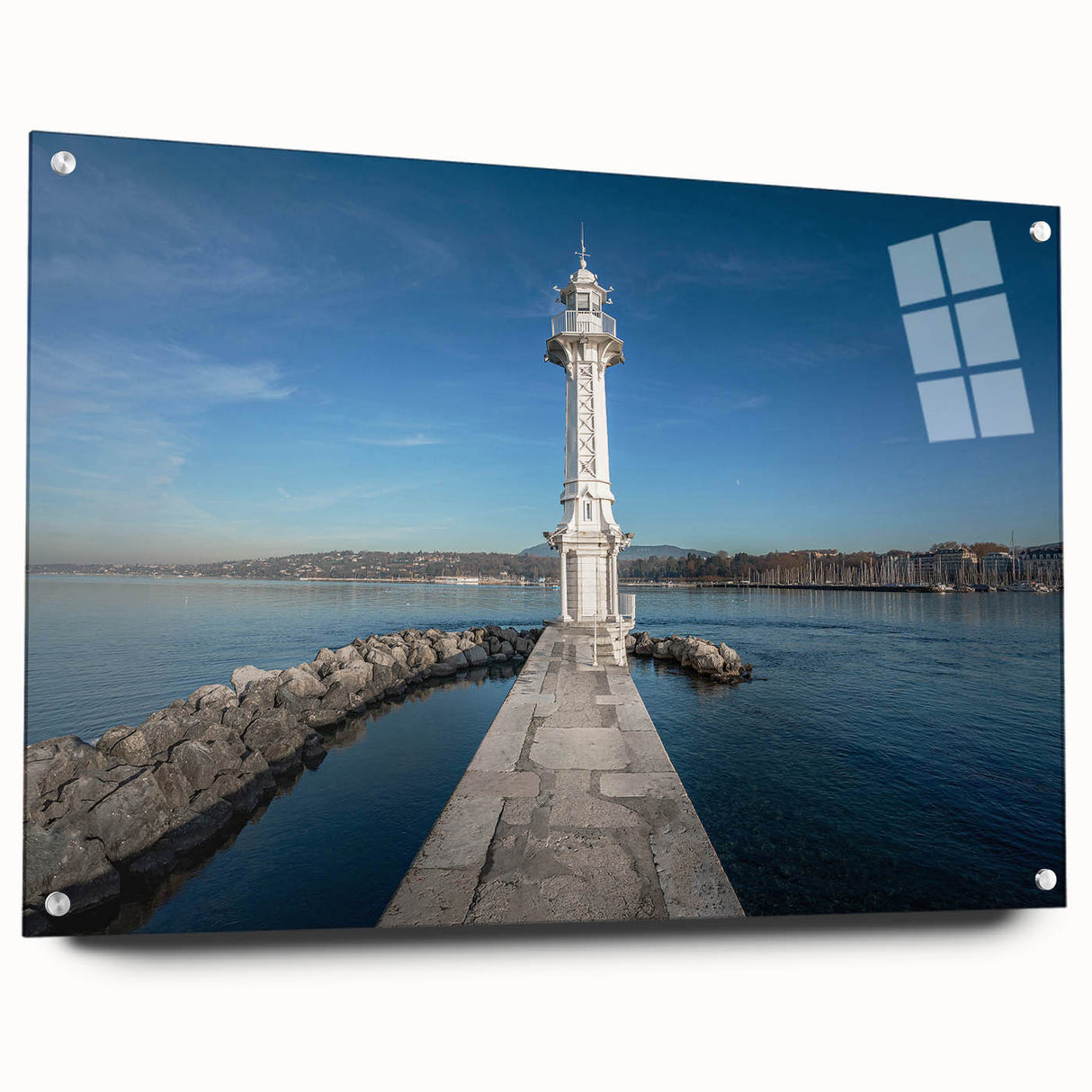 Acrylic print of a large abstract depiction of Geneva, featuring muted blue and gray tones.