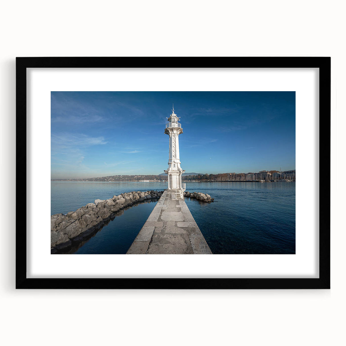 Colorful abstract art print of Geneva scenery in vibrant hues on a large framed canvas, ideal for living room decor.