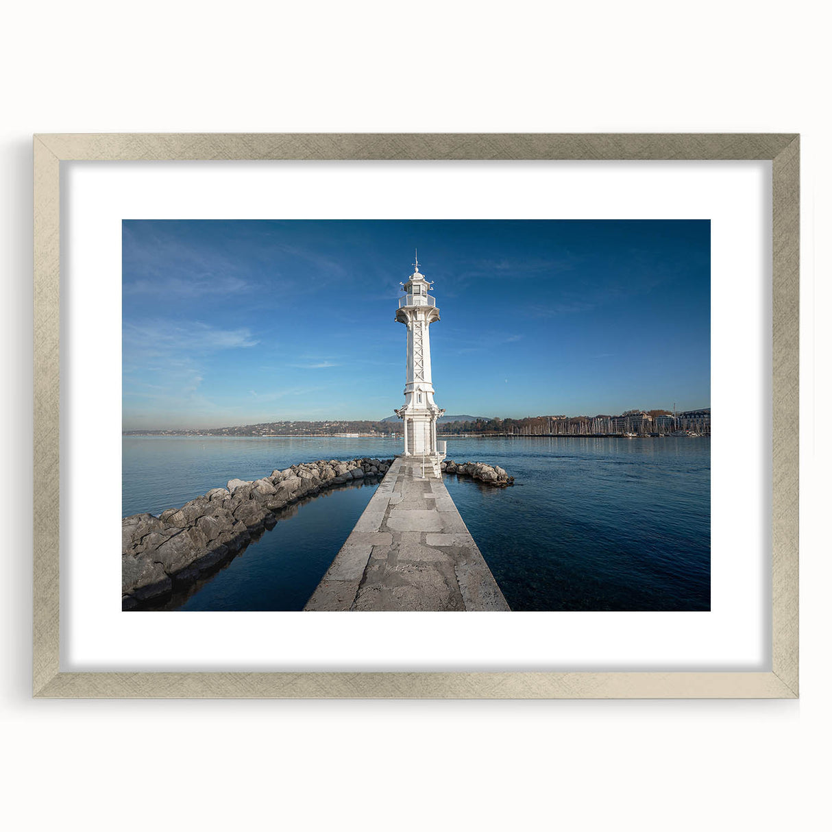 Textured abstract art print of Geneva scenery in muted earth tones on a framed silver mat, ideal for bedroom art.
