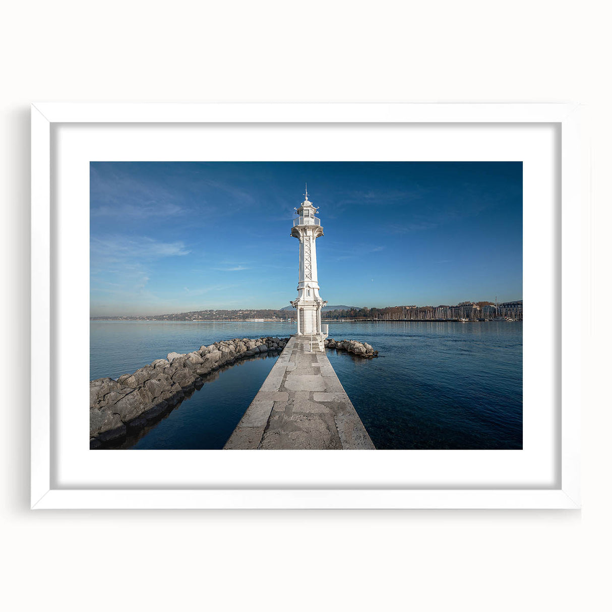 Abstract art print of Geneva scenery in muted gray and blue tones, framed with a white mat.