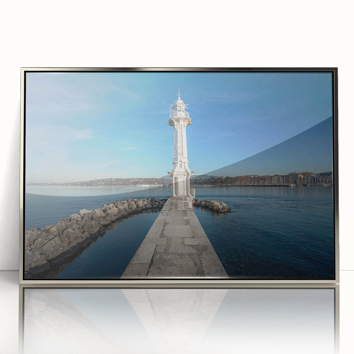 Mid-century modernist art depicting the Geneva skyline in muted gray tones on a framed acrylic print.