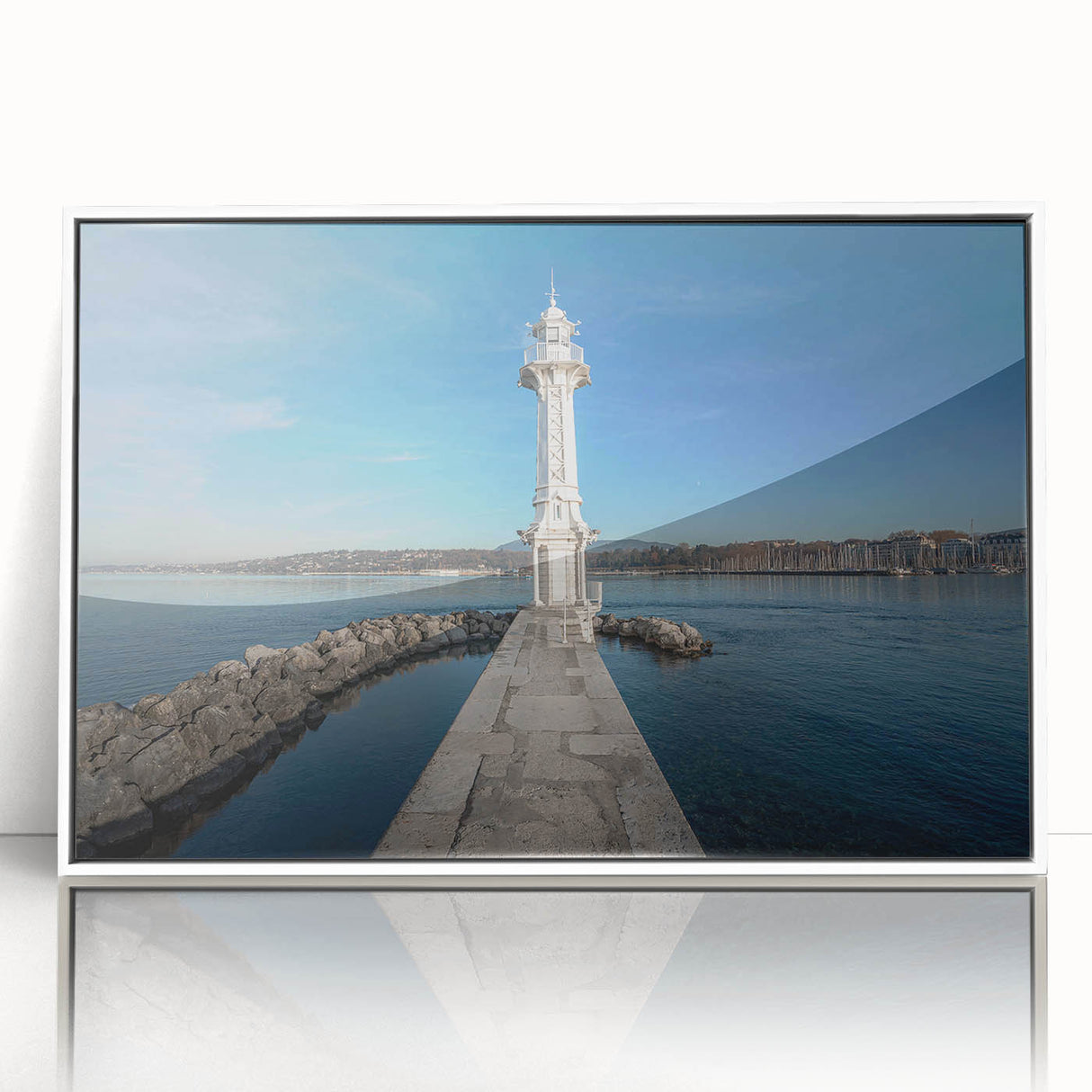 Acrylic print of Geneva scenery with muted blue and white tones in an art deco style, suitable for modern art wall decor.