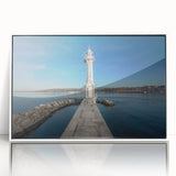 Acrylic print of Geneva scenery with muted blue and white tones in an art deco style, suitable for modern art wall decor.