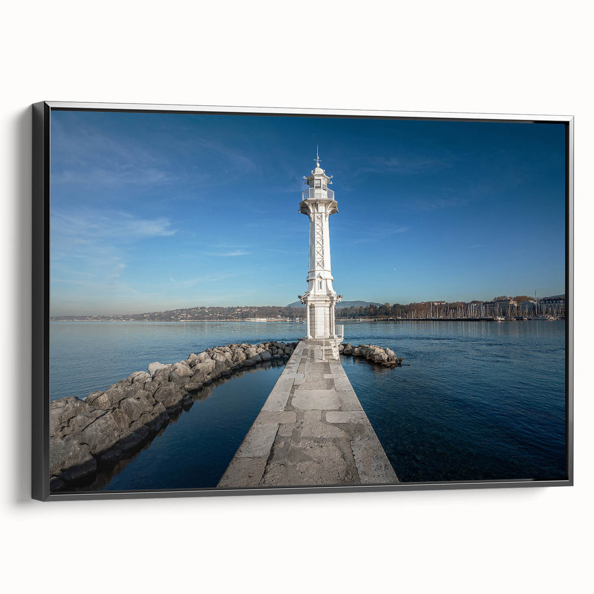 Black and white wall art of Geneva landscape on framed canvas, ideal for bedroom decor.