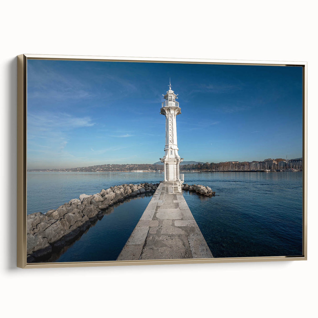 Framed canvas featuring a vintage-style landscape painting of Geneva, with muted gold and black tones.