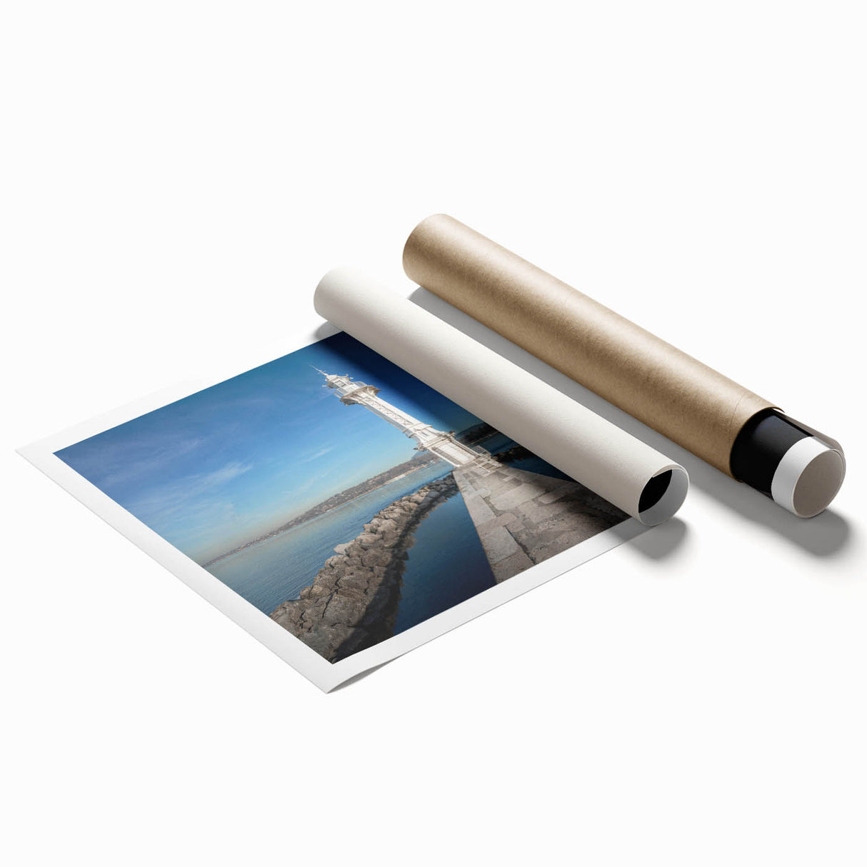 Extra large rolled print of Geneva scenery with vibrant floral foreground, ideal for classy bathroom wall art.