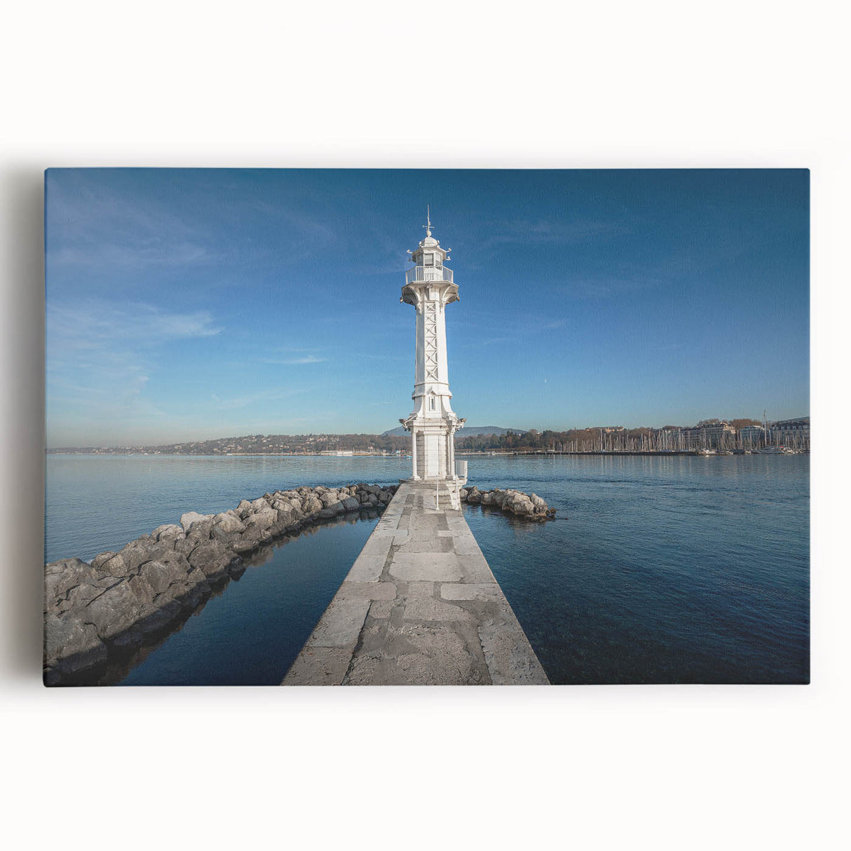 Black and white photograph of Geneva scenery on stretched canvas, suitable as large kitchen wall art.