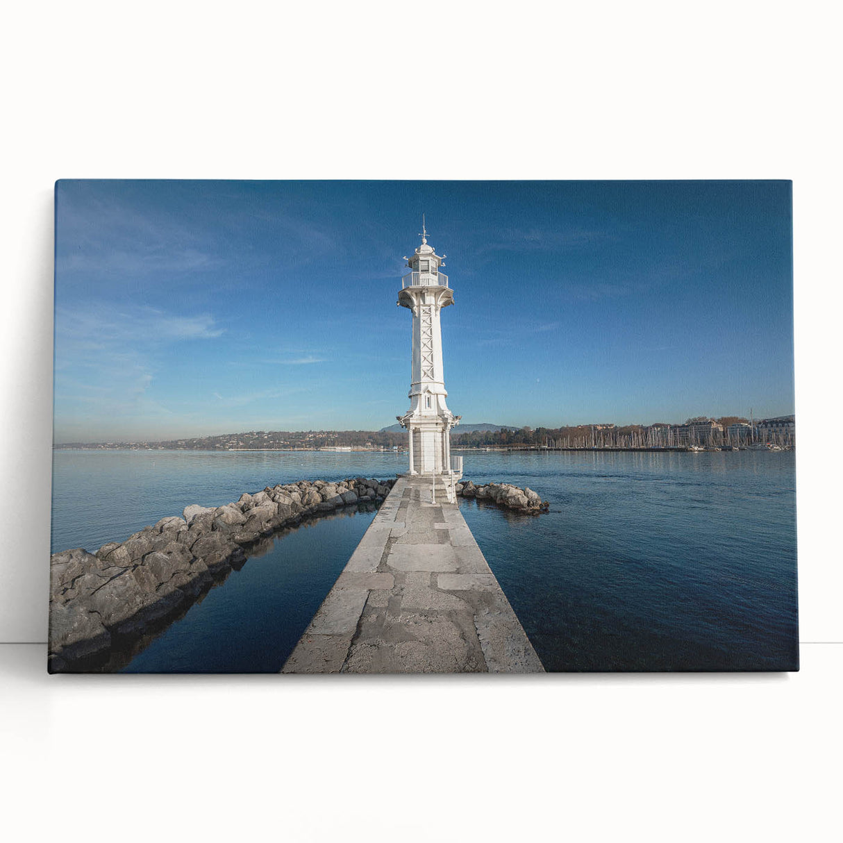 Black and white stretched canvas of Geneva scenery, ideal for kitchen wall art or bedroom ambiance.