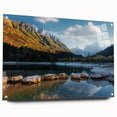 Acrylic print of a Swiss landscape featuring muted green and blue tones, ideal for dining room decor.