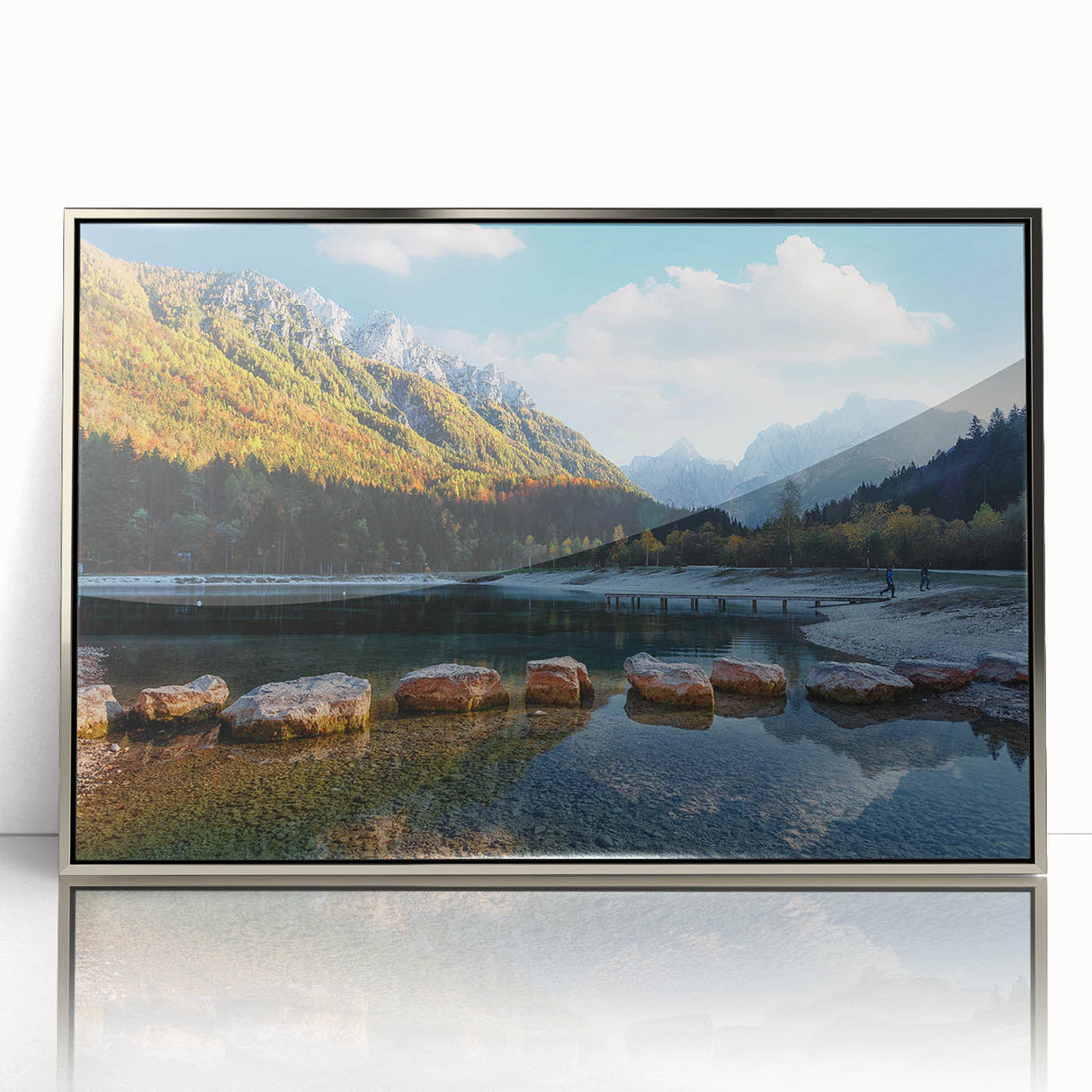 Mid-century modernist art depicting a serene Swiss landscape in soft pastel shades, silver-framed acrylic print.