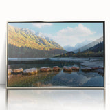 Mid-century modernist art depicting a serene Swiss landscape in soft pastel shades, silver-framed acrylic print.