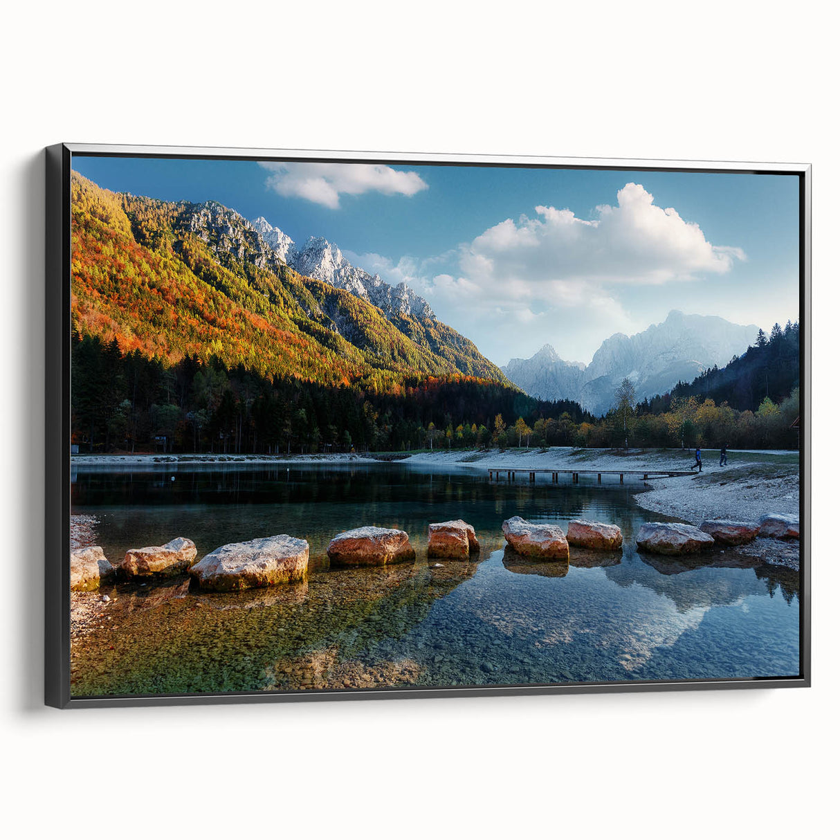 Black and white landscape art painting of a Swiss scenery on framed canvas, ideal for bedroom decor.