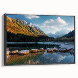 Black and white landscape art painting of a Swiss scenery on framed canvas, ideal for bedroom decor.