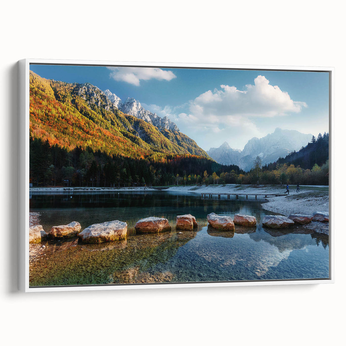 Vintage poster art of a Swiss landscape, featuring vibrant colors on a large framed canvas, ideal for living room decor.