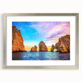 Textured abstract art print depicting Baja California scenery in muted earth tones, framed in silver, ideal for bedroom art.