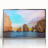 Mid-century modernist art depicting Baja California landscape on a framed acrylic print, using muted earth tones.