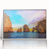 Art Deco style poster of Baja California scenery on white acrylic, framed, suitable for modern nursery decor.