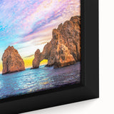 Black wall art featuring a textured scene of Baja California with vibrant colors on a framed canvas.