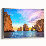 Framed canvas landscape art of Baja California with vibrant colors and black vintage-style border.