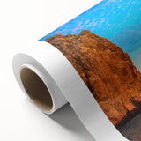 Art Deco style poster of Baja California scenery on rolled canvas, with muted earth tones, suitable for nursery wall art.