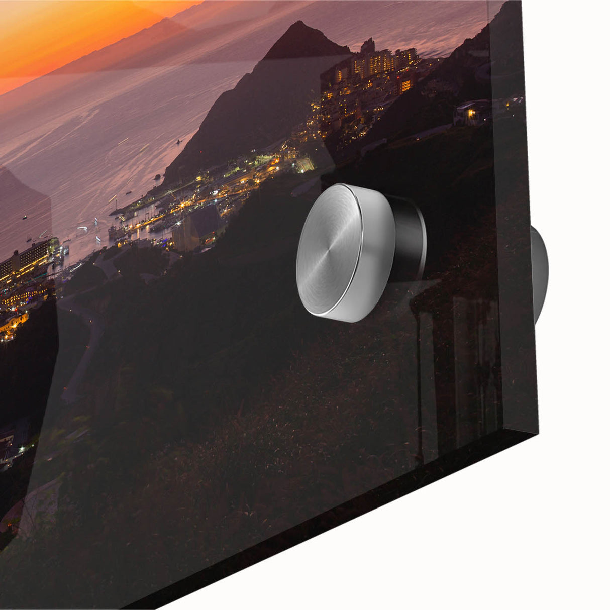 Large abstract wall art of Cabo San Lucas scenery in vibrant hues on acrylic glass, ideal for dining room ambiance.