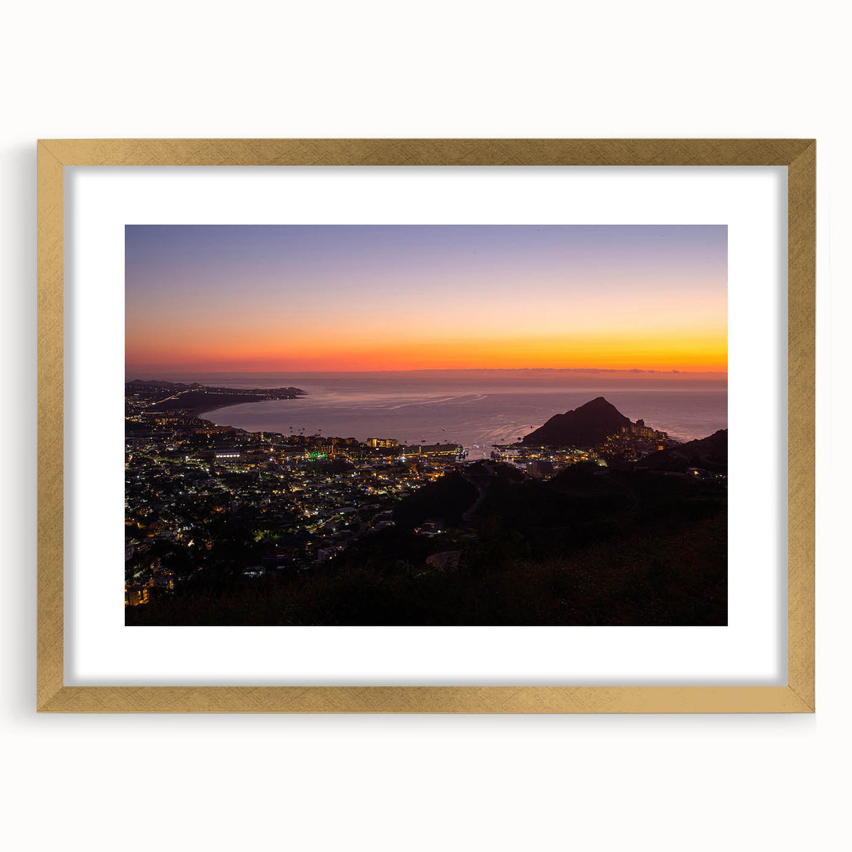 Extra large abstract art print of Cabo San Lucas scenery in a gold frame, featuring textured elements and earthy tones.